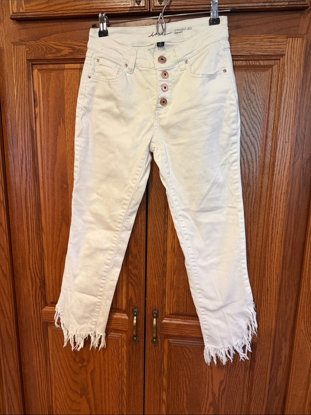 INC International Concepts White Straight Leg Jeans with Frayed Hem